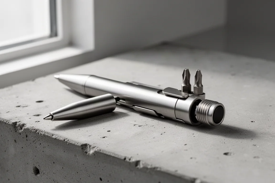 Penna multi-tool bolt-action compatta in titanio su una superficie di cemento con il fusto posteriore svitato