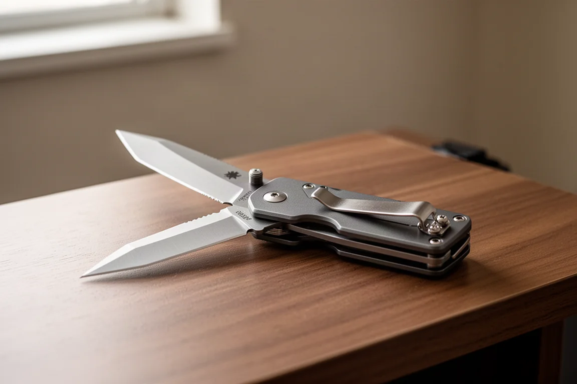 Compact multi-tool lying on a desk with its blade open and pocket clip visible