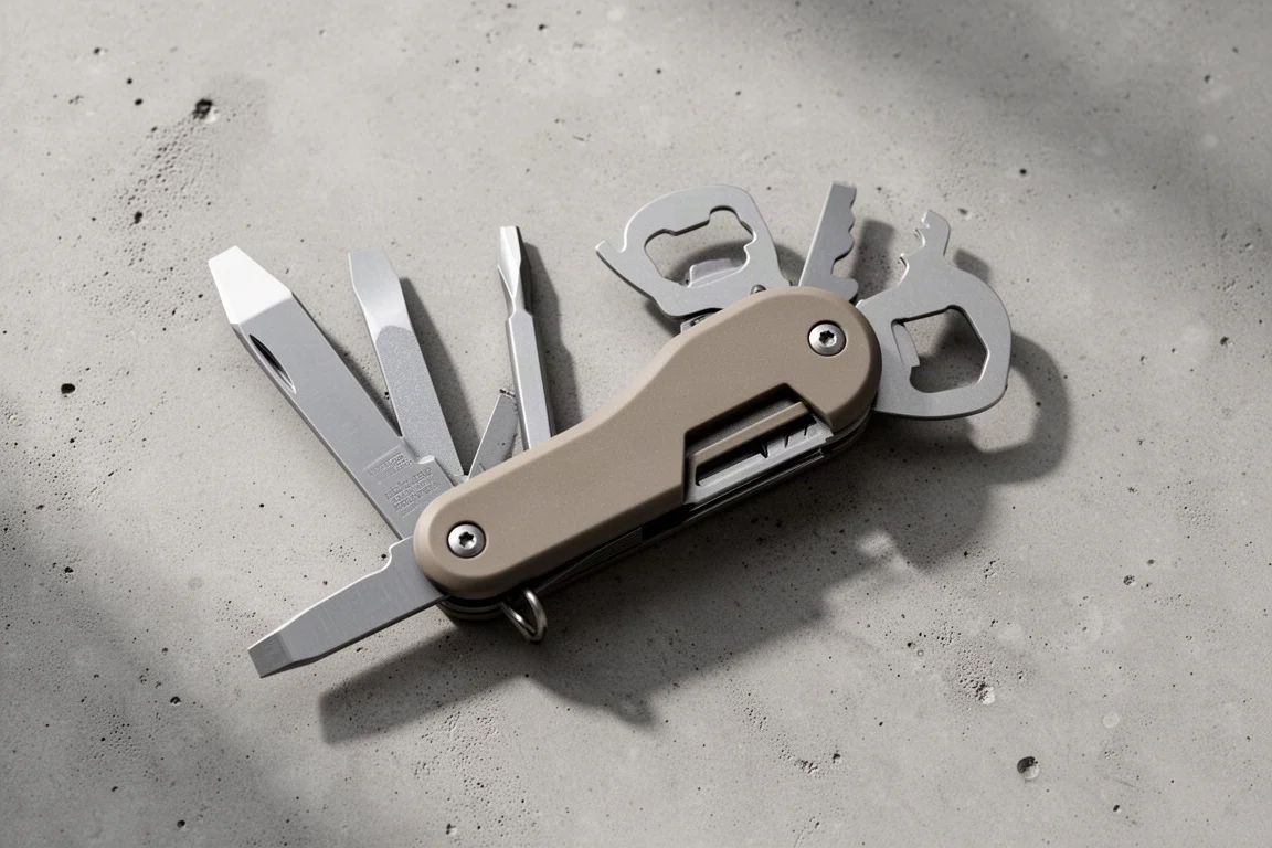 Multi-tool tools fanned out including pry bar, bottle opener and seat belt cutter