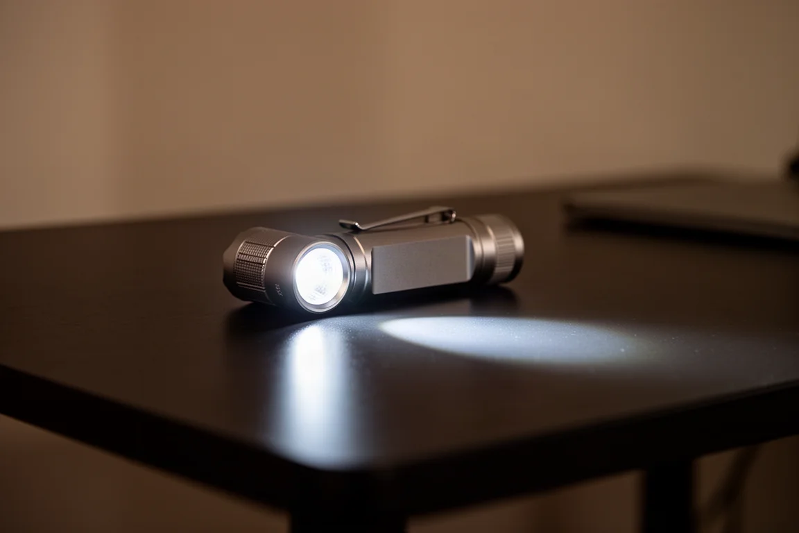Small EDC flashlight casting a defined beam across a dark surface