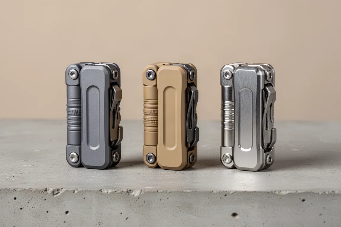 Three multi-tool variants lined up side by side in gray, tan and titanium finishes