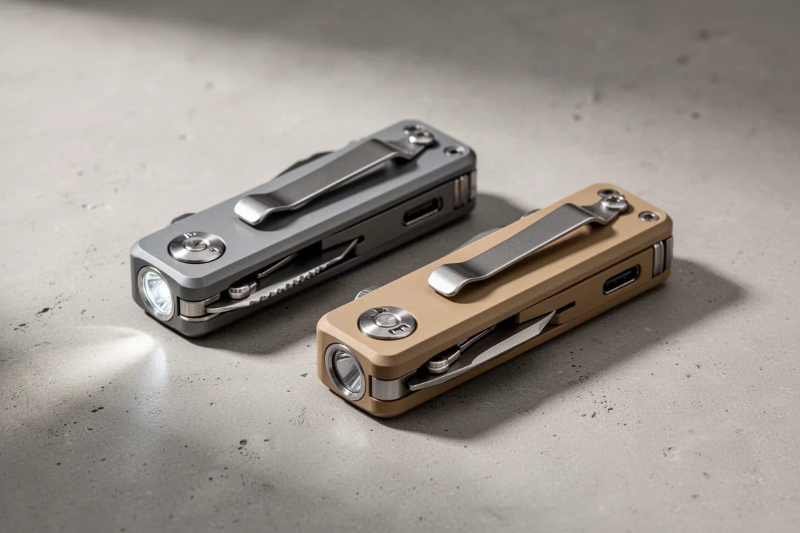 Tacray MT1 multi-tool flashlight combo in gray and desert anodized finishes on concrete