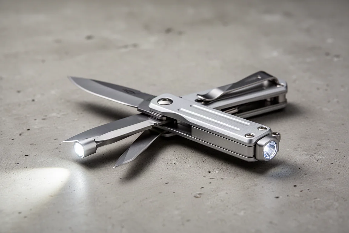 Snello multi-tool unibody con lame chiuse e torcia integrata su una superficie di calcestruzzo