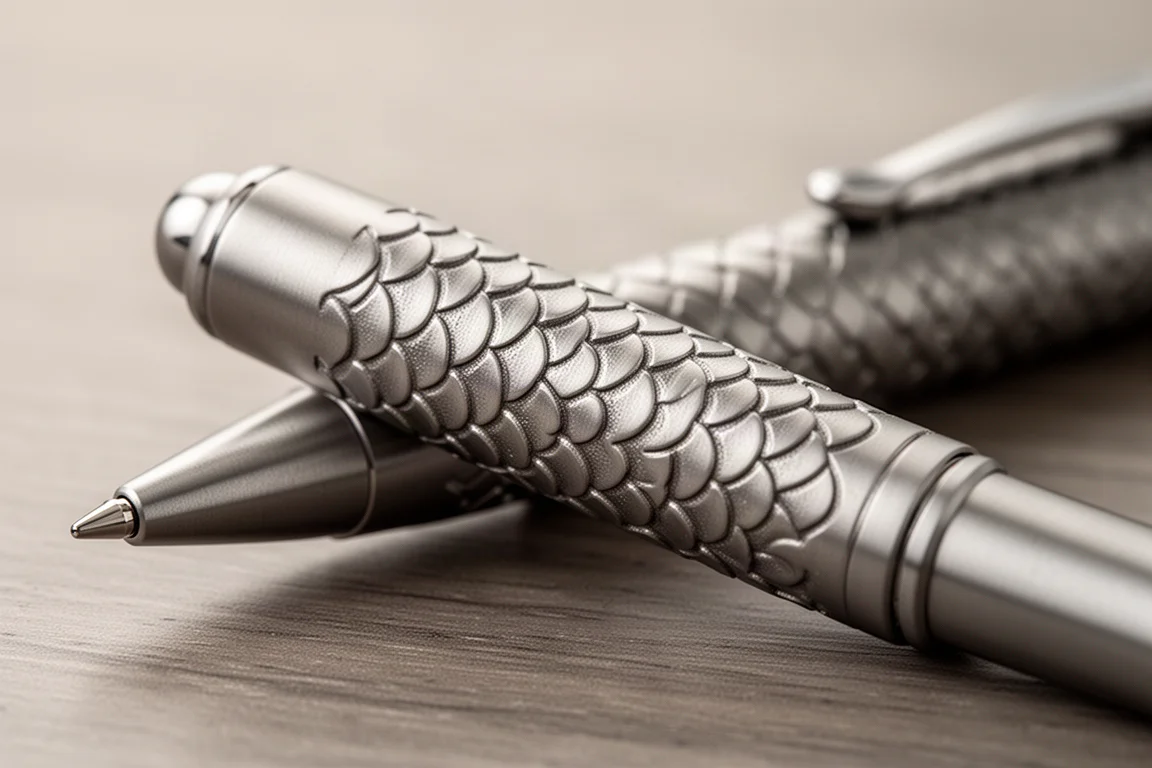 Titanium pen showing a textured dragon-scale barrel pattern on a desk