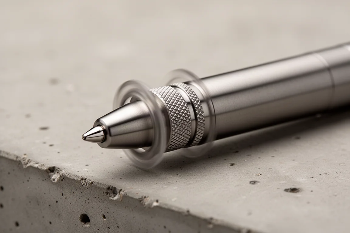 Spinner finial at the top of a titanium pen spinning on a desk