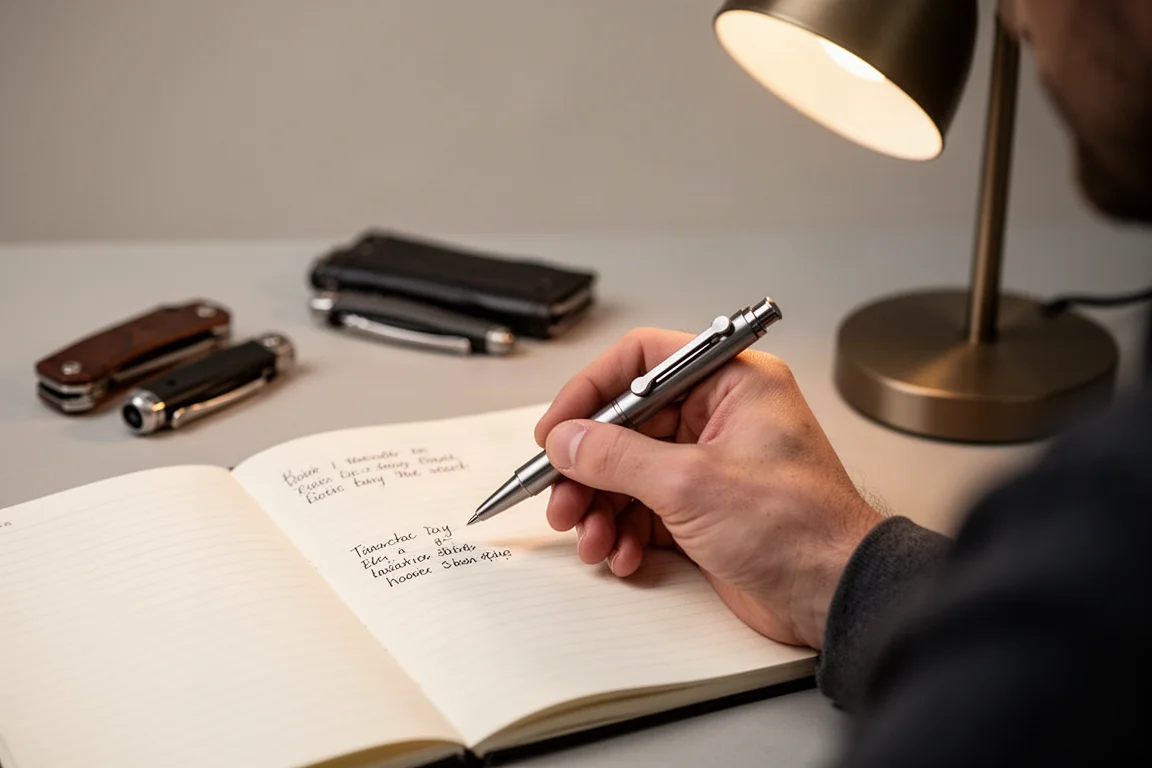 Hand using the bolt action mechanism on a titanium pen