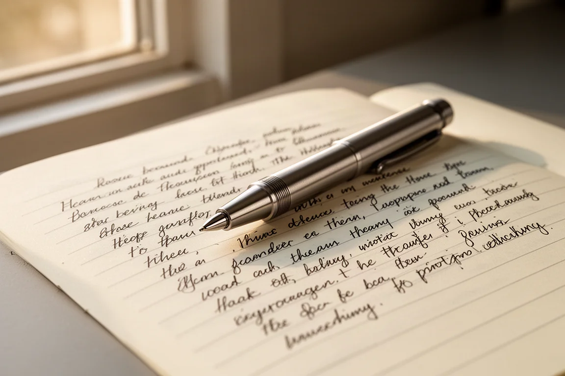 Titanium pen resting beside an open notebook with handwritten text
