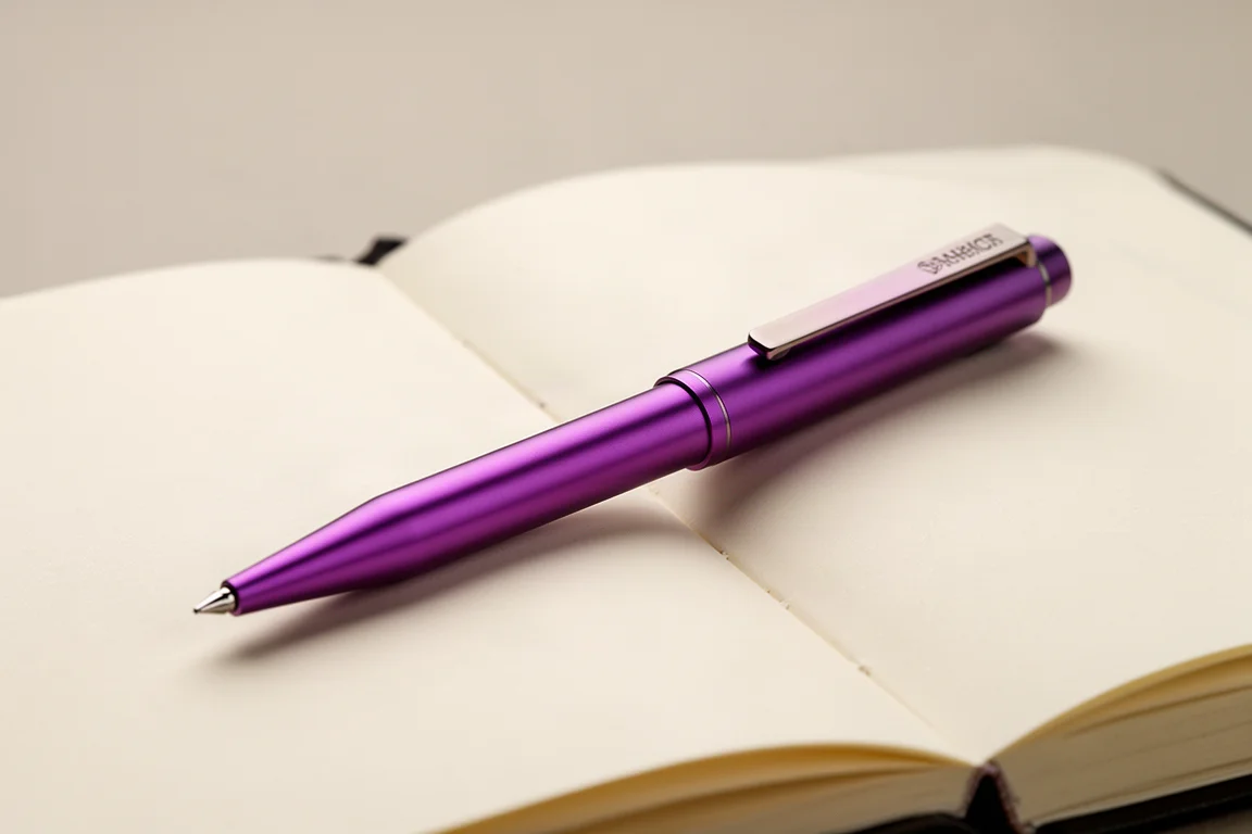 Anodisierter, violetter Füllfederhalter aus Titan auf einer dunklen Notizbuchseite