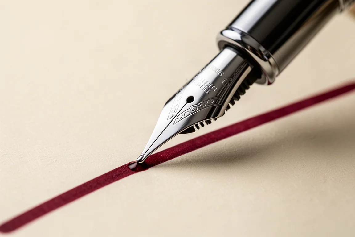 Detailaufnahme einer feinen Stahlfeder, die Tinte auf Papier aufträgt