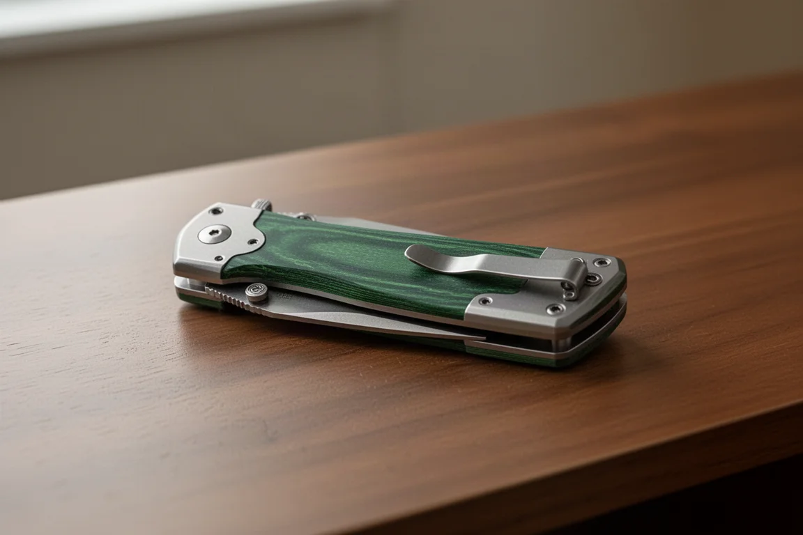 Grönt micartahandtag på ett träskrivbord som visar ren monoblockkonstruktion