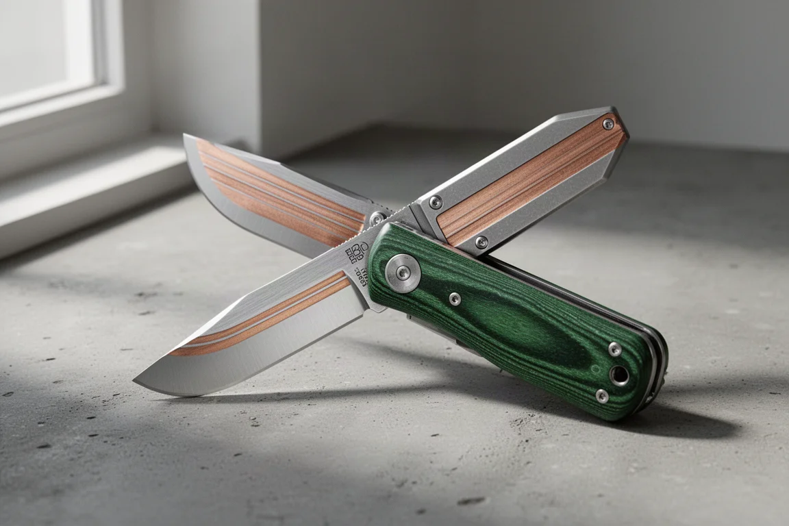 Coltello pieghevole TacRay Turan aperto, con manico in micarta verde e lama a strati con incasso in rame