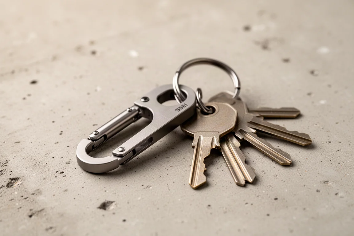 Schlüssel, geklippt an einem kleinen Titan-EDC-Tool mit integriertem Karabiner