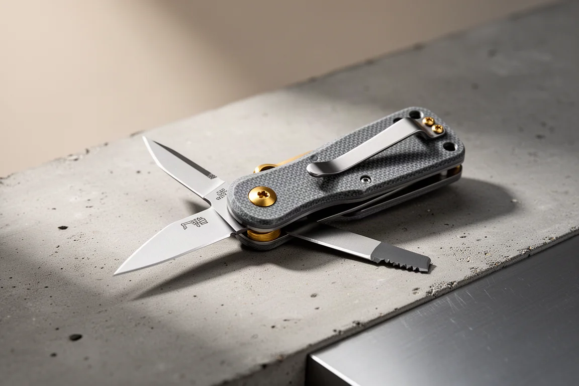 Compact folding EDC utility knife with G10 handle on a concrete surface