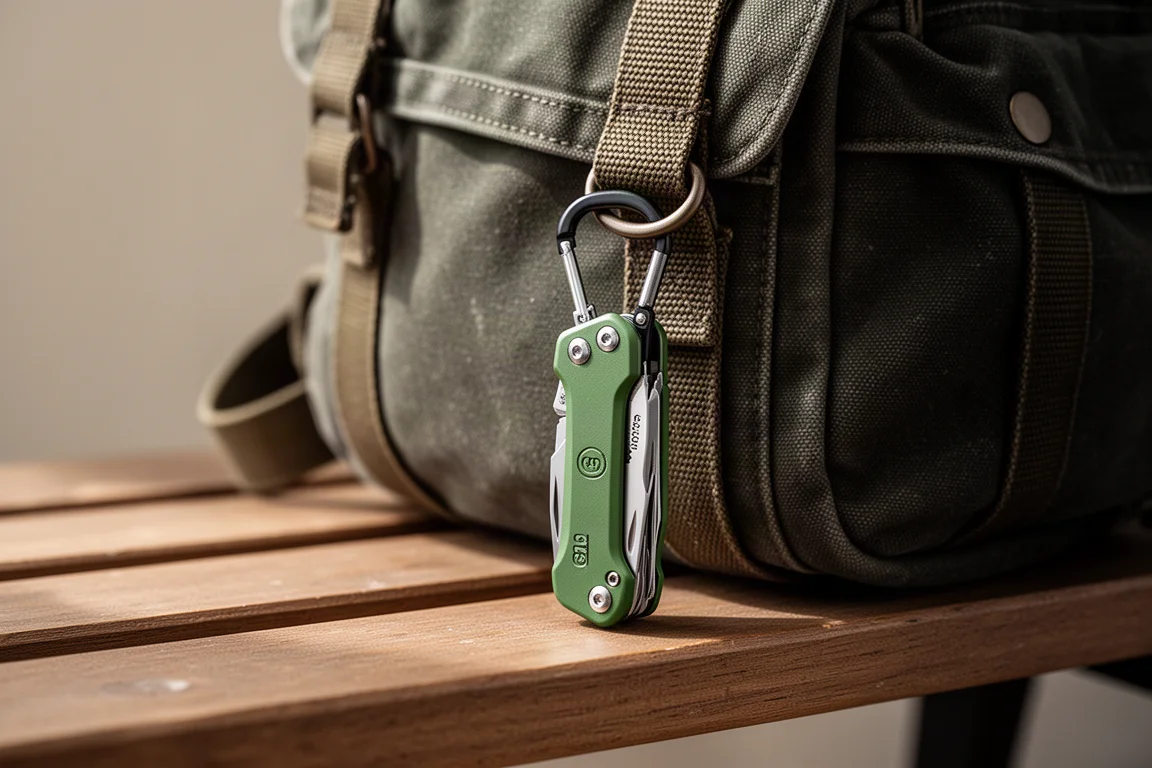 Compact green G10 EDC multi-tool clipped to a backpack strap