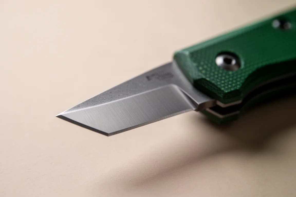 Close-up of the chisel-ground blade tip of a small EDC knife