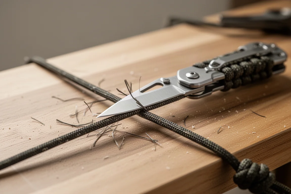 Multi-tool slicing through paracord on a wooden workbench
