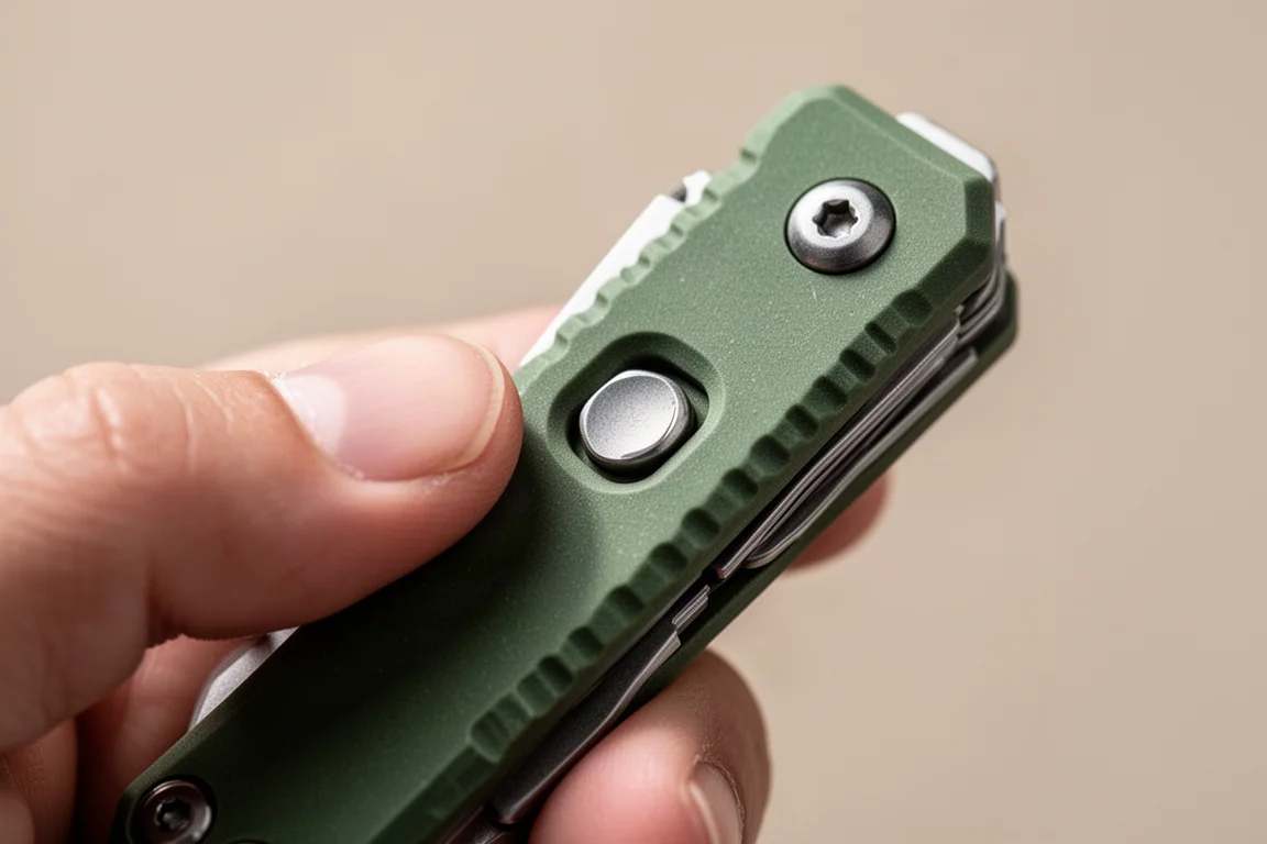 Push-button lock mechanism on a compact EDC multi-tool