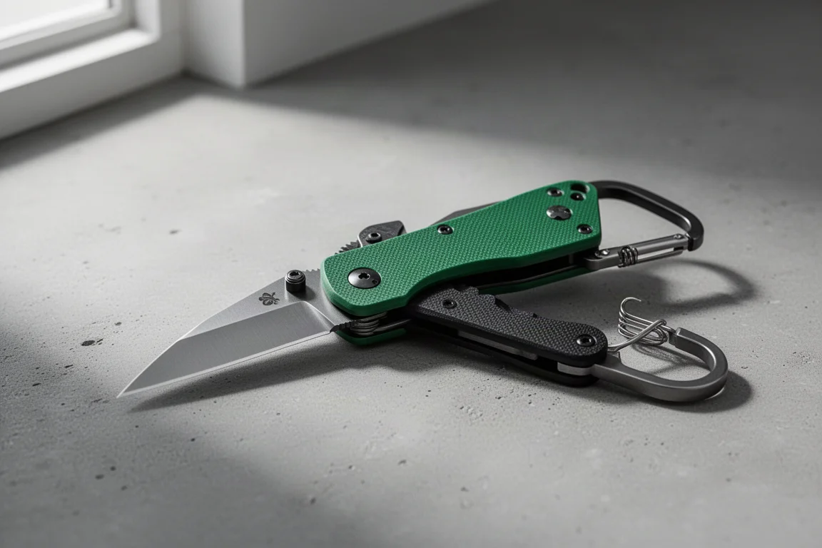 Compatto coltellino multi-tool EDC verde in G10 su una superficie di cemento