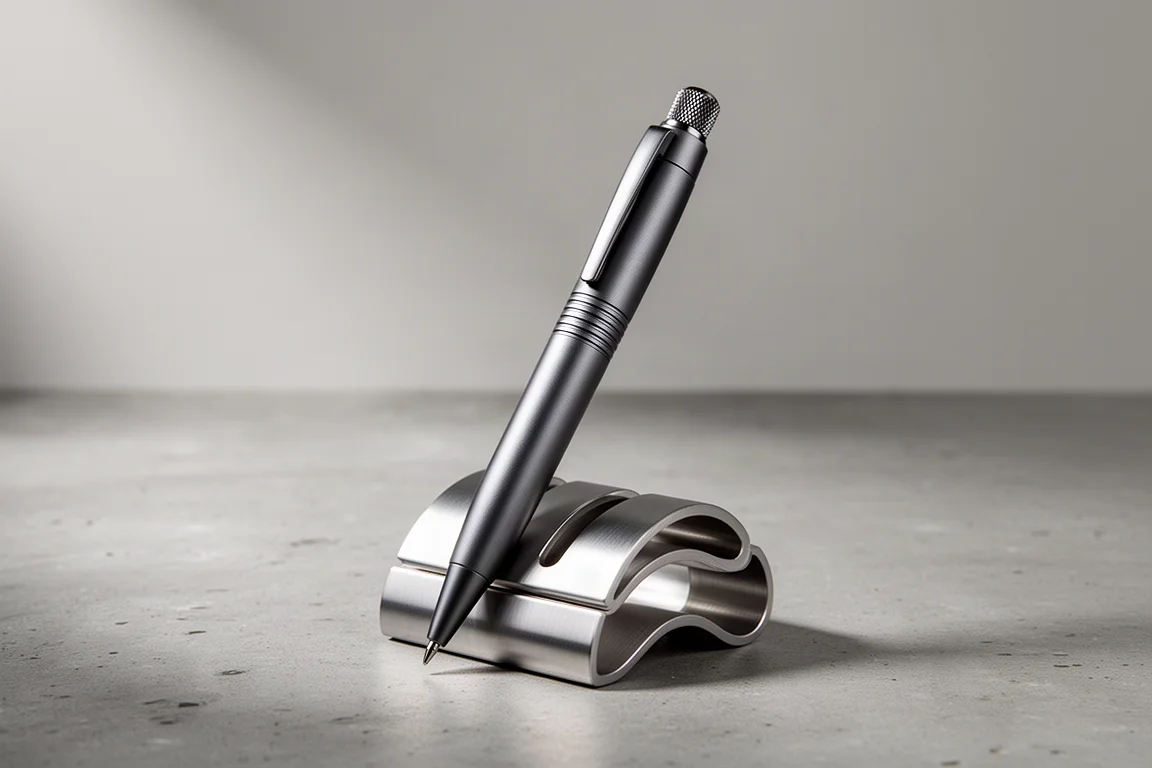 Gunmetal grey aluminum ballpoint pen standing in a minimalist metal desk stand