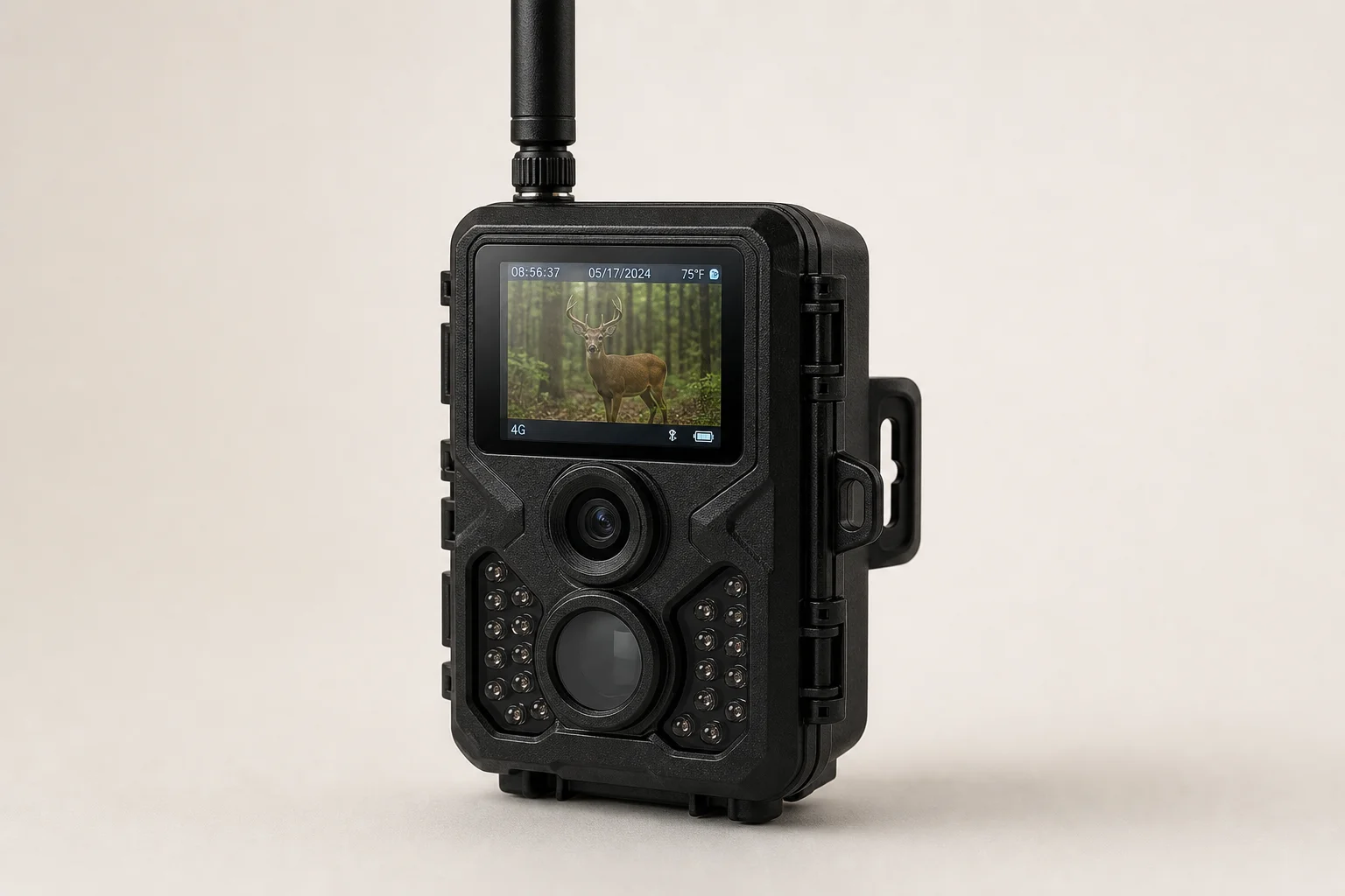 Five trail cameras displayed on weathered wood surface