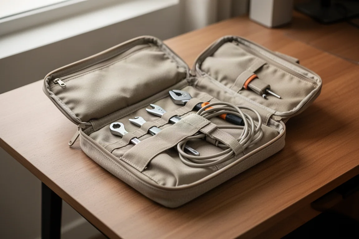 Open EDC pouch showing organized tools and cables inside