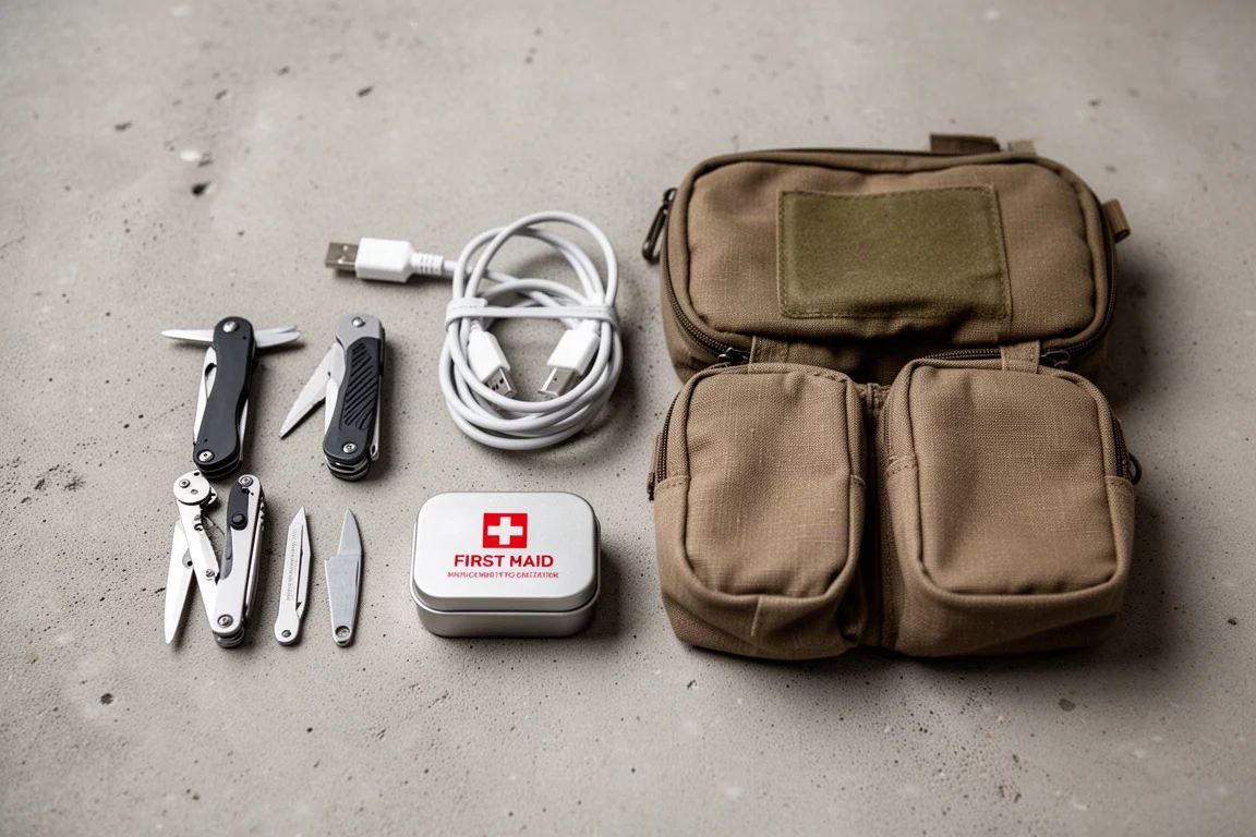 Flat-lay of tools and cables being packed into EDC pouches