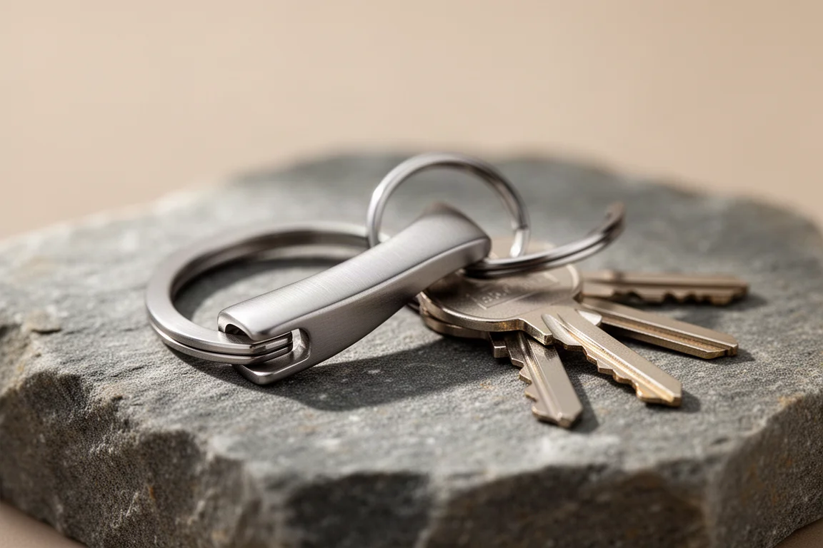Titanium key ring with keys attached on a stone surface