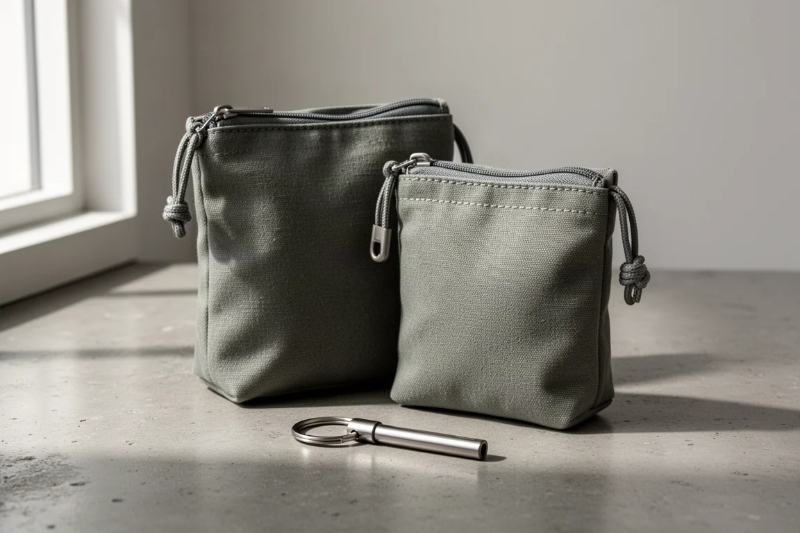 Due tasche EDC di dimensioni diverse e un portachiavi in titanio su una superficie di cemento