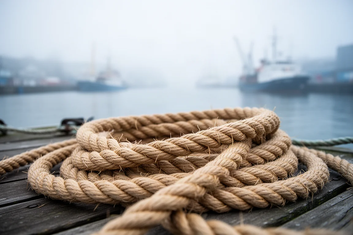 Le mani di un marinaio che lavora un robusto cordame di canapa su un molo