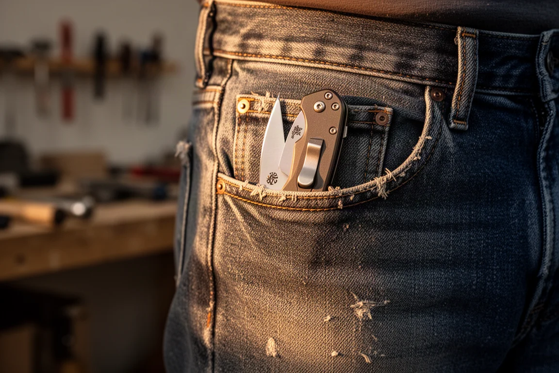 Coltello da tasca portato nella tasca di un jeans all'ora dorata