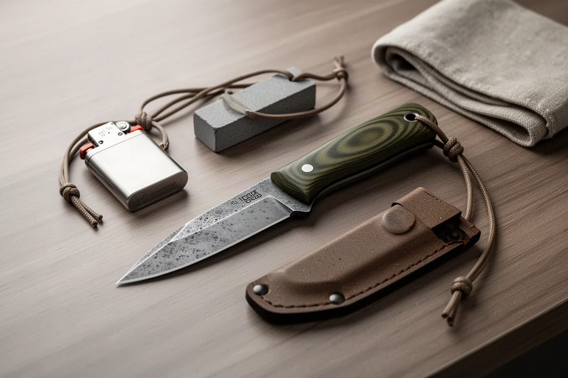 Fast blad-kniv som vilar på ett träbord bredvid everyday carry-föremål
