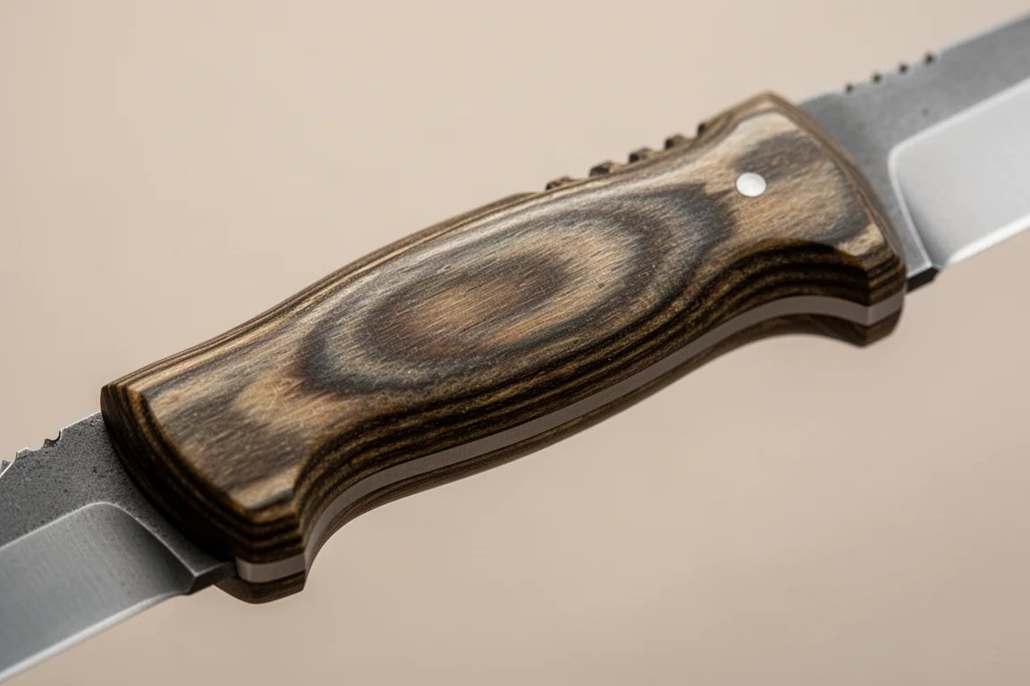 Närbild på ett knivhjälte som visar konturerade micarta-skal och jimping