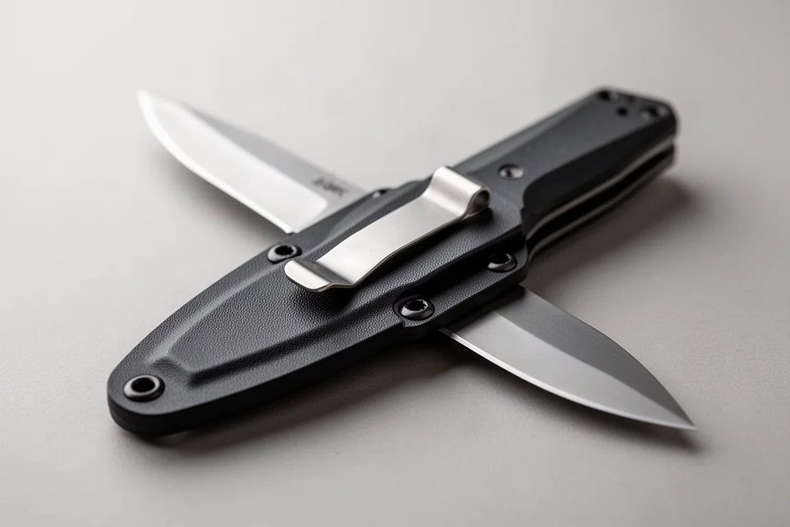 Fast blad-kniv som glider ner i ett formsprutat taco-fodral med fickklipp