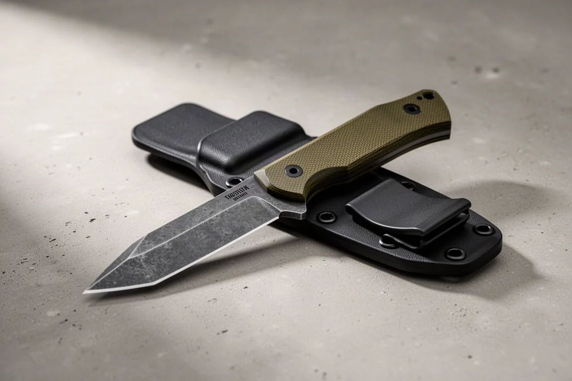 Compact fixed blade knife with stonewashed reverse tanto blade and olive micarta handle beside a black taco sheath