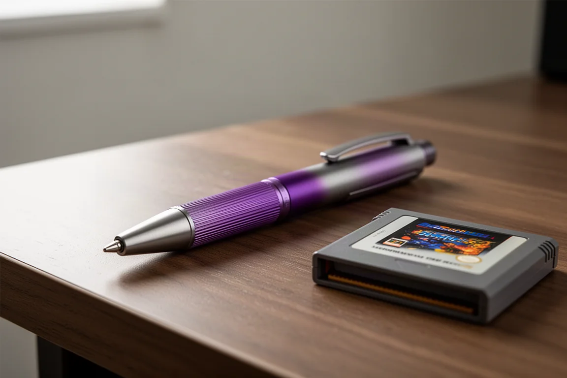 Ein geriffelter Titan-Kugelschreiber mit violettem und grauem Finish auf einem Holztisch liegend