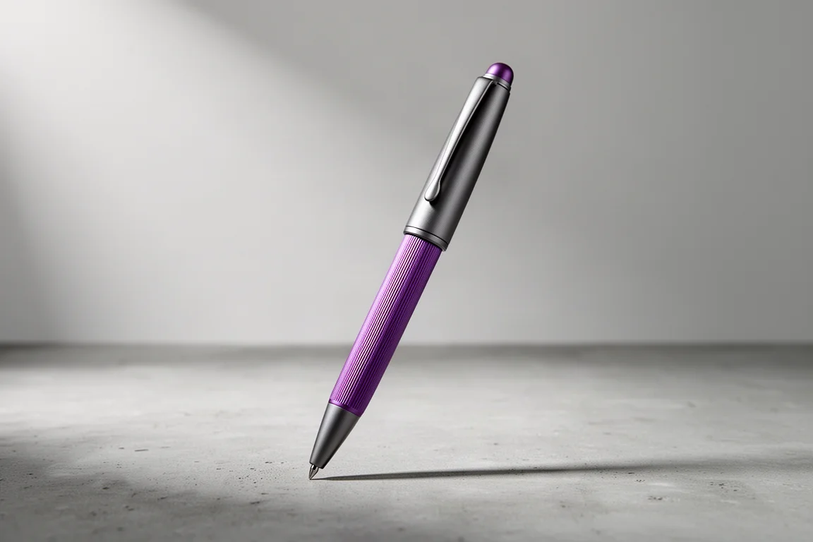 Grooved titanium rollerball pen with purple and gray finish on concrete surface