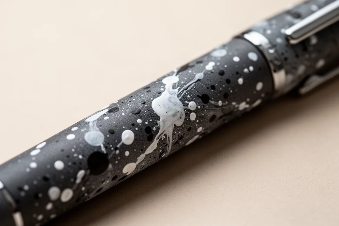 Primo piano di una penna in titanio con finitura a spruzzo che mostra stratificazioni di vernice