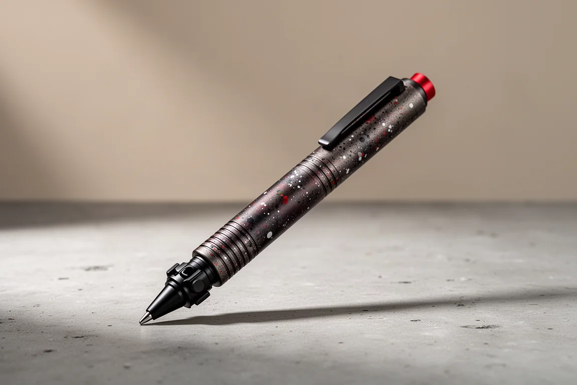 Tactile Turn Abstract titanium bolt action pen with splatter finish on concrete surface