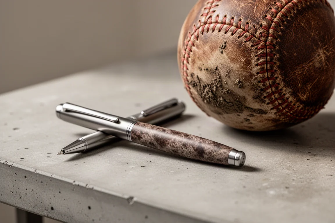 Titanium-rollerballpenna med texturerad finish bredvid en sliten läderbaseboll på ett skrivbord