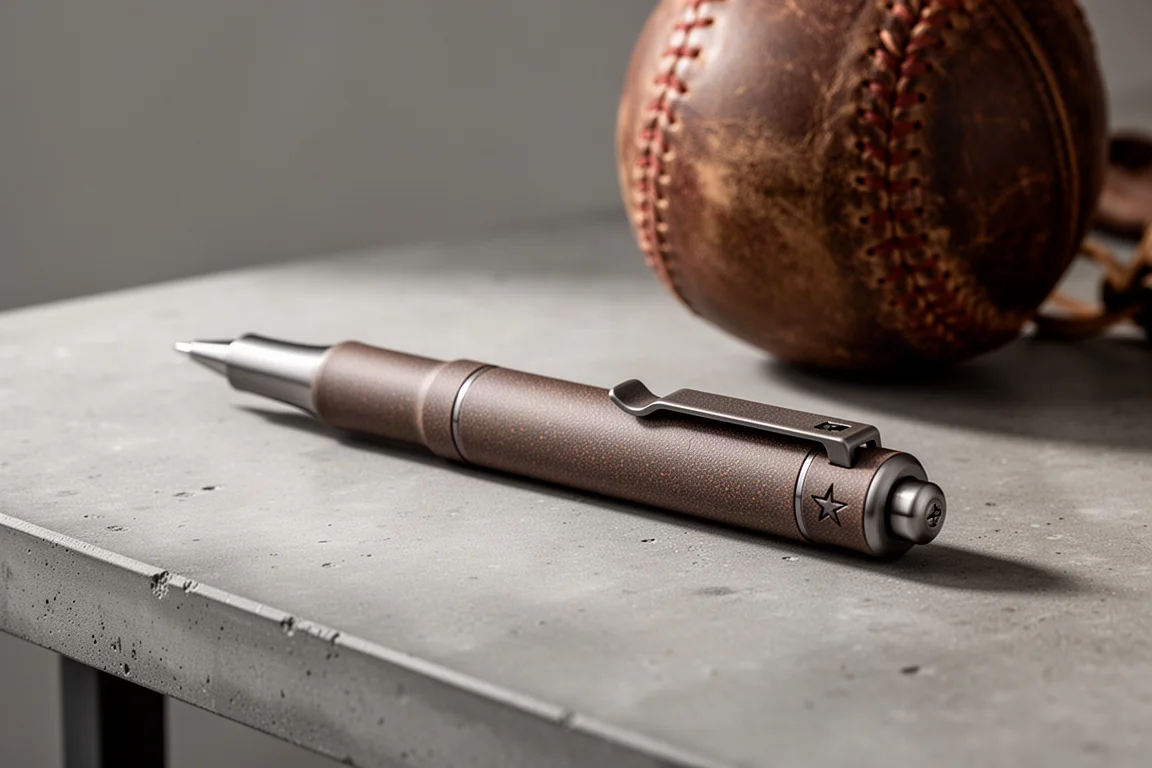 Penna rollerball in titanio con finitura texture accanto a una baseball consumata su una scrivania in cemento