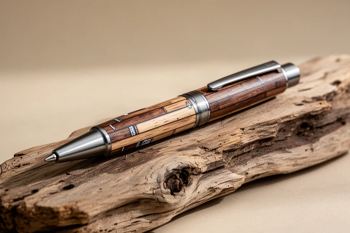 Stylo rollerball en titane à finition cerakote style bois vieilli sur un bureau en bois
