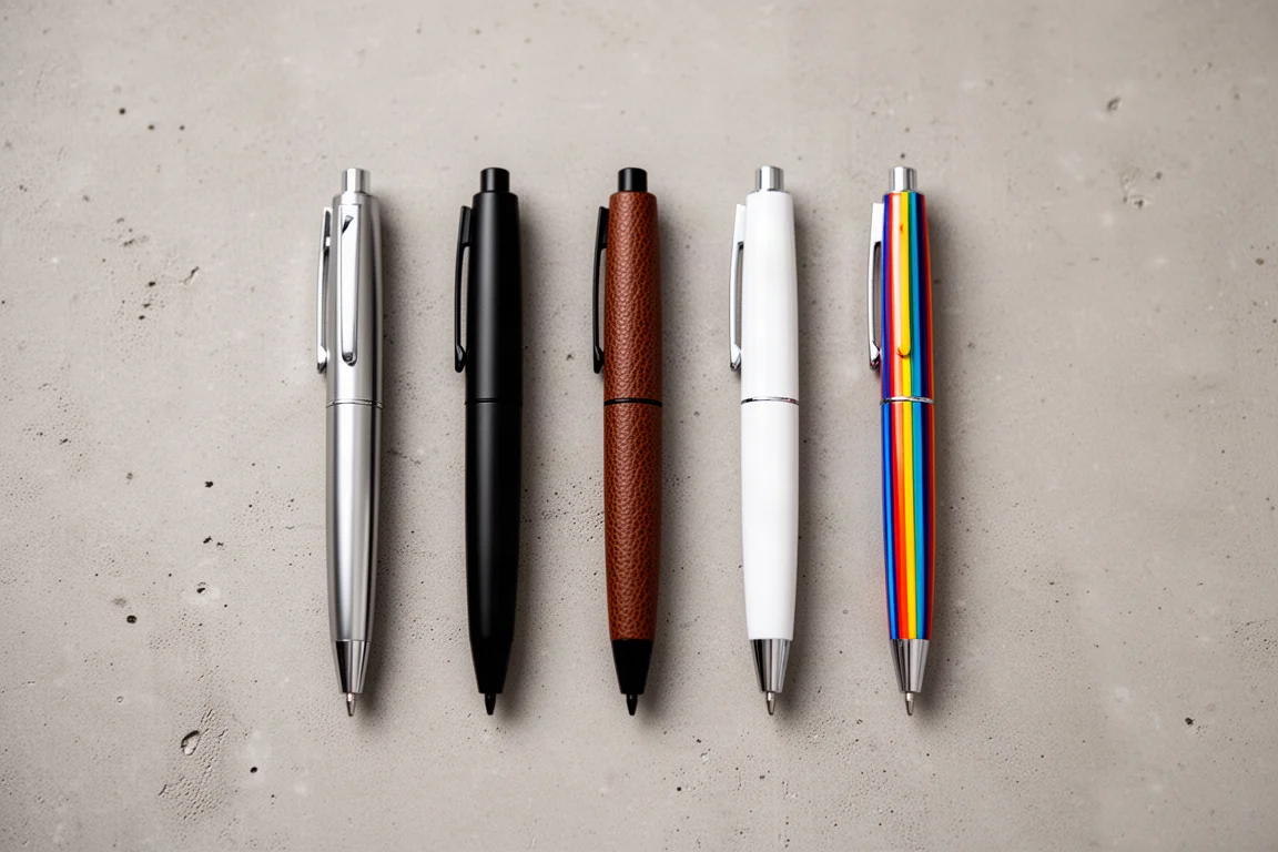 Plusieurs stylos de longueurs différentes alignés côte à côte pour comparaison de taille sur une surface neutre