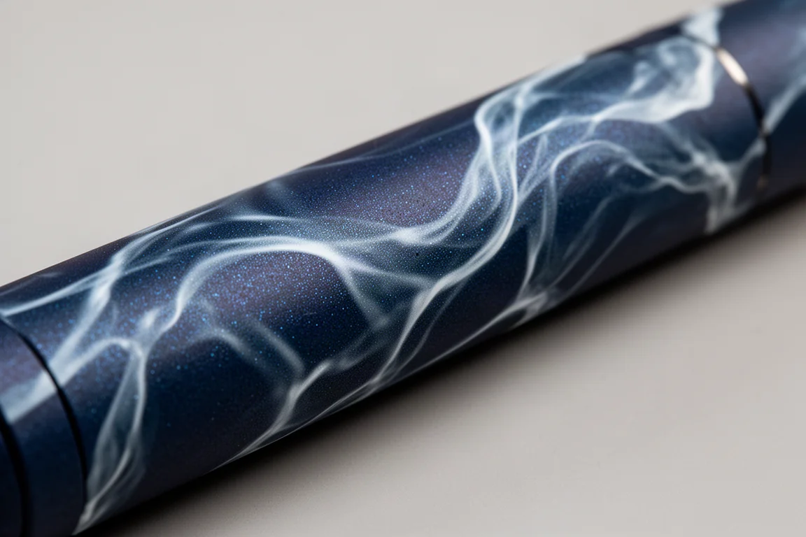Nahaufnahme eines tiefblauen Schreiberchafts mit wirbeliger weißer Schimmerbeschichtung