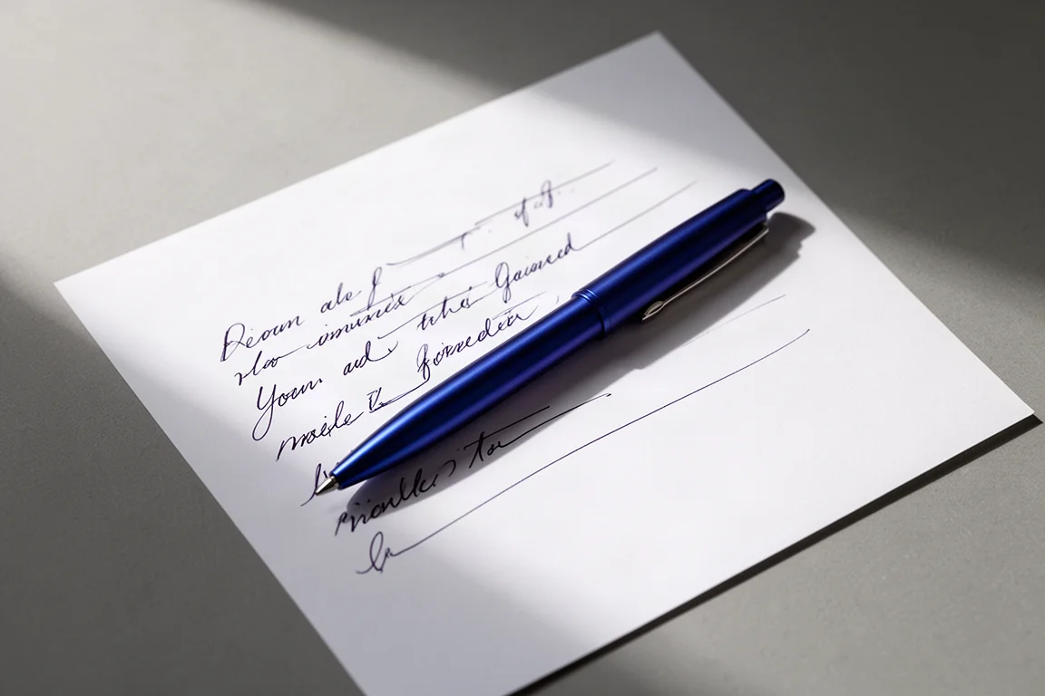 Schreiber schreibt glatte dunkle Tintenlinien auf weißes Papier