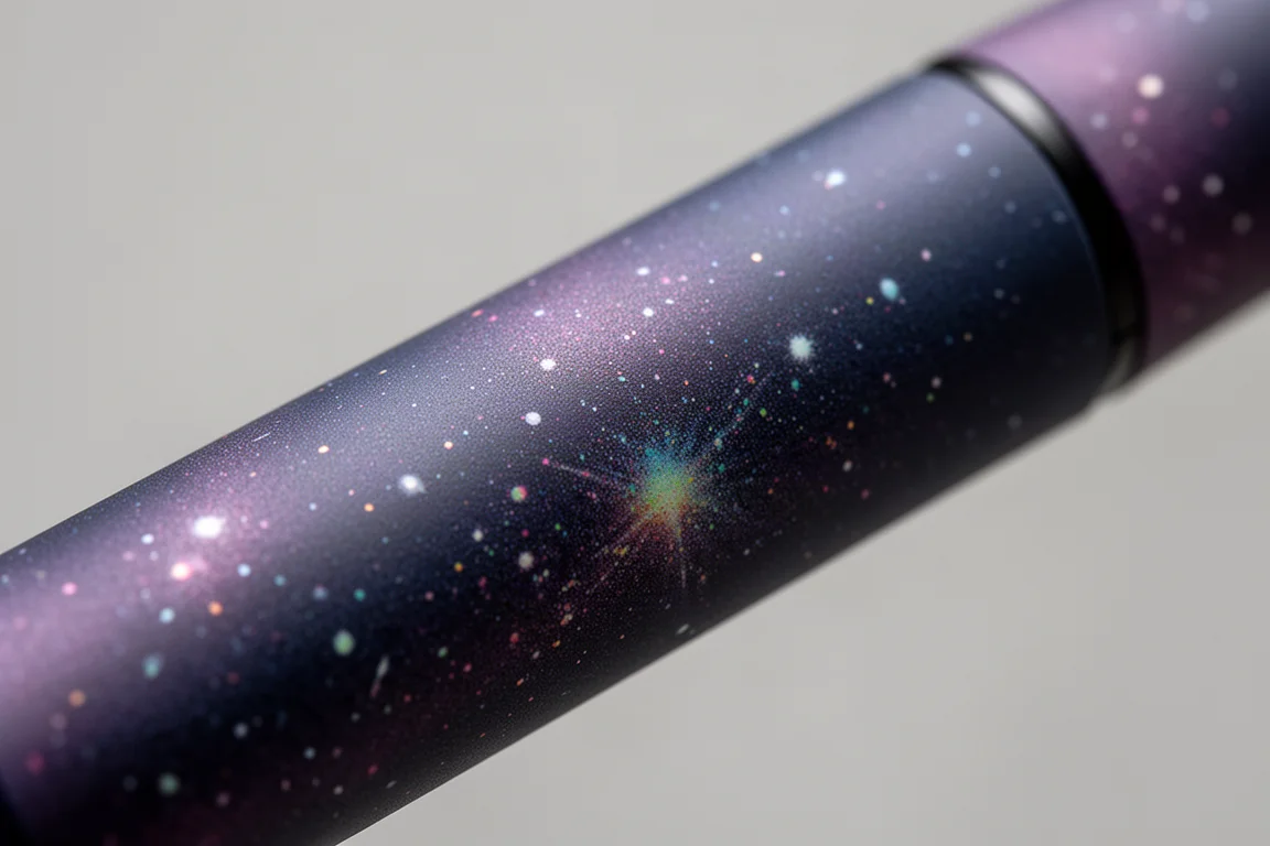 Close-up of a pen barrel with a speckled blue and purple nebula-like finish