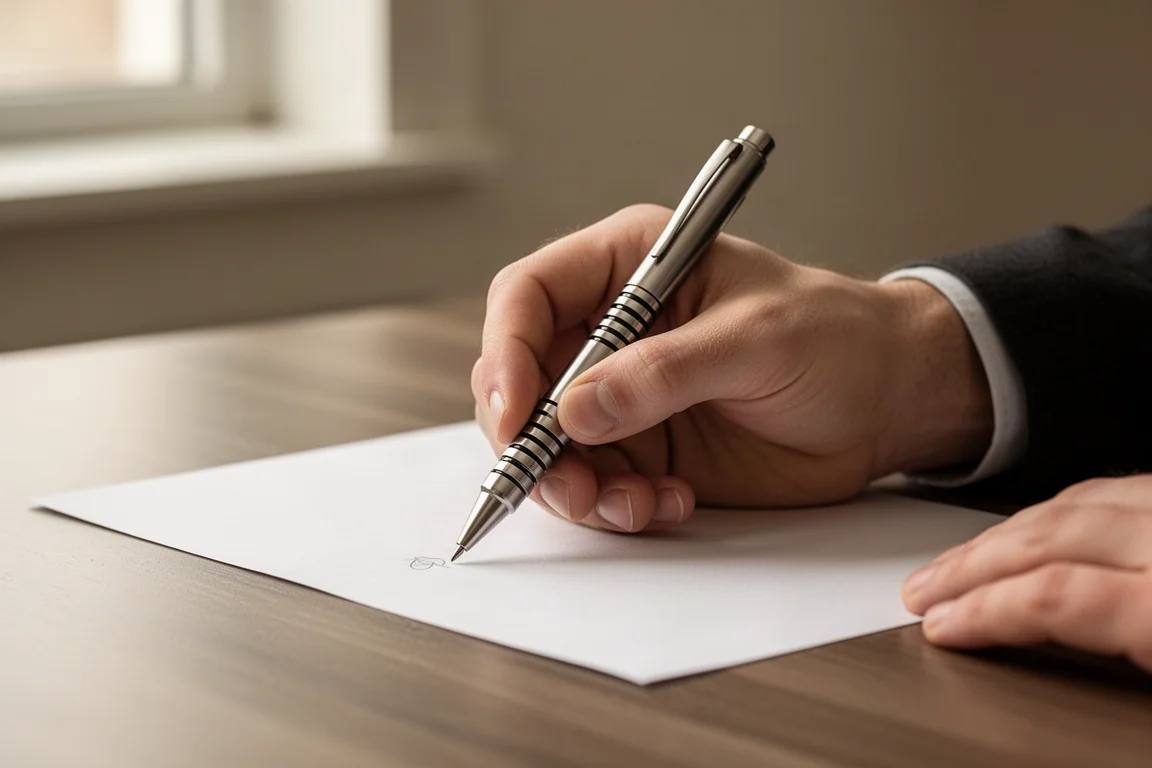 Hand holding a click pen with large machined grip grooves