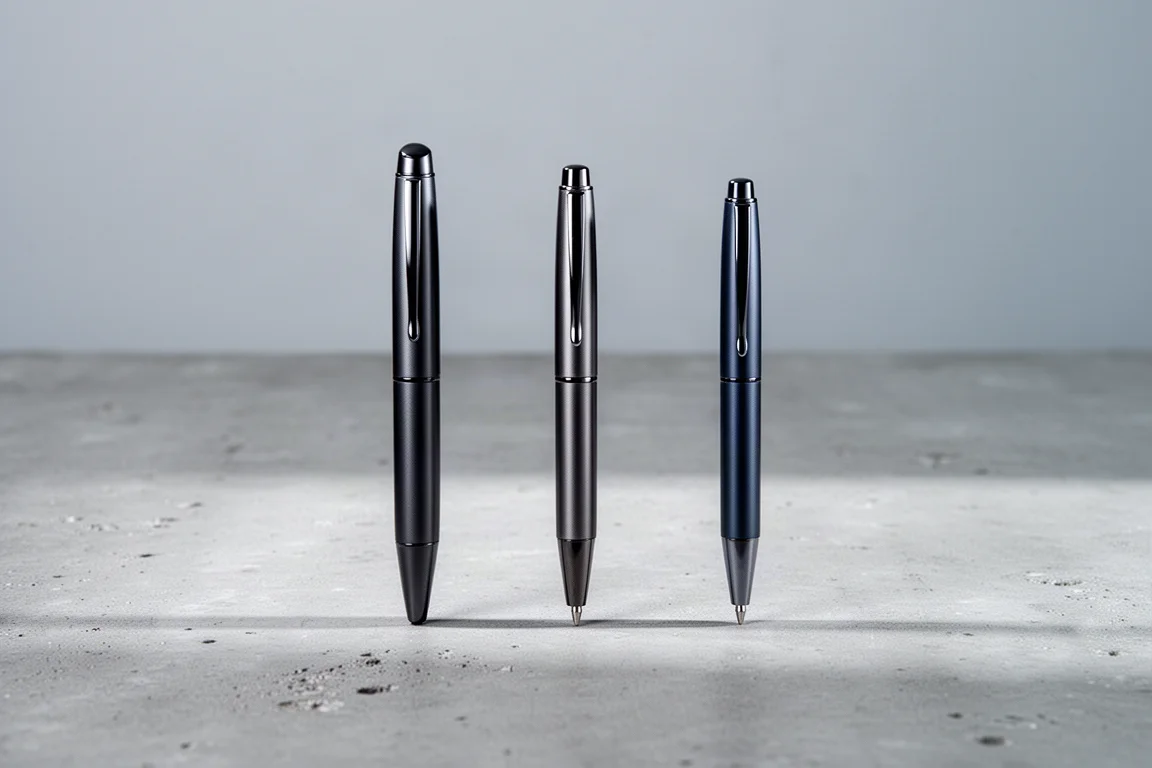 Three pens of different lengths lined up side by side on a desk