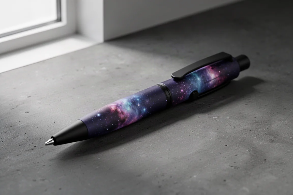 Titanium click pen with nebula-style blue and purple finish and matte black clip