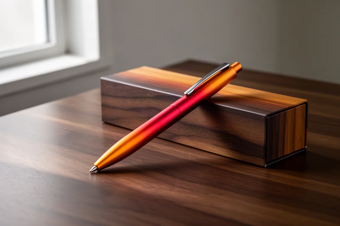 Penna med orange-till-röd gradient vilande på ett mörkt skrivbord bredvid en låda med trägradientdesign