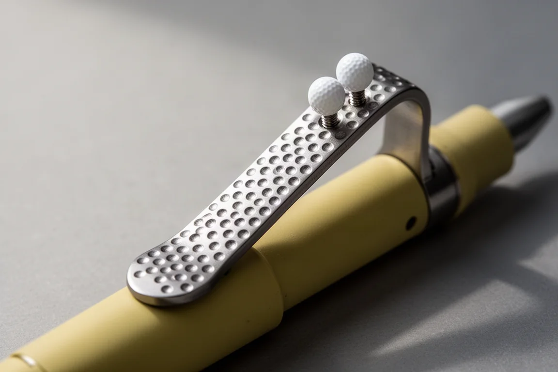 Nahaufnahme eines dimpled Pen-Clips mit zwei kleinen weißen Schrauben